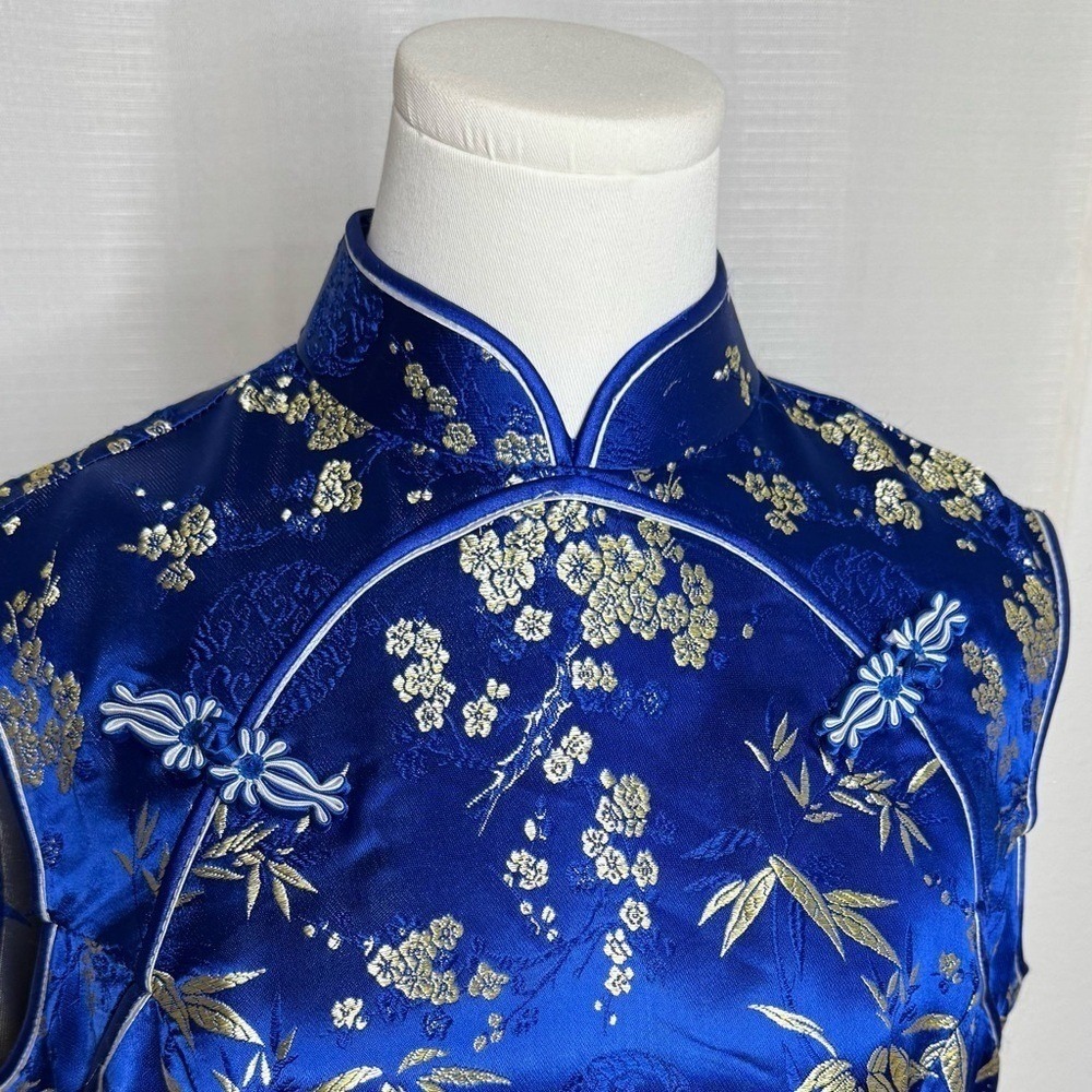 VTG Royal Blue &‎ Gold Floral Brocade Cheongsam Qipao Dress - Picture 3 of 10